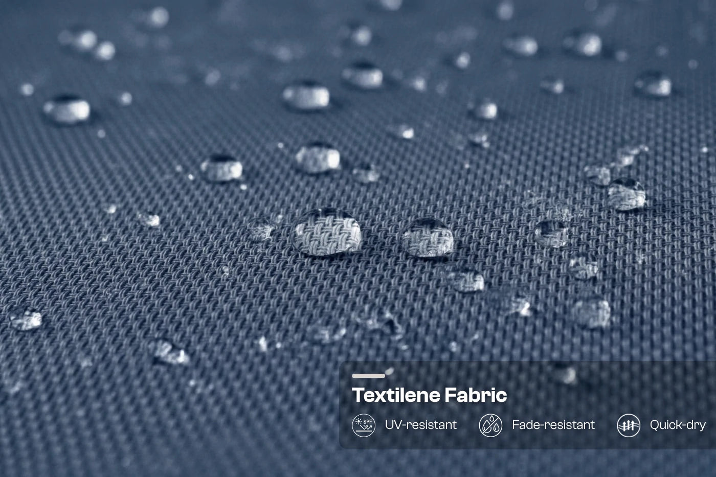 Textile fabric with water droplets and text indicating properties like UV-resistant, fade-resistant, and quick-dry.