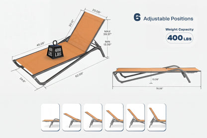 Chaise lounge with adjustable positions and weight capacity details on a white background