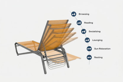Foldable chair with icons and text indicating activities on a white background