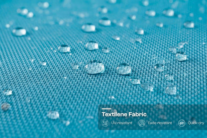 Textile fabric with water droplets on a blue background, featuring Textylene Fabric branding.