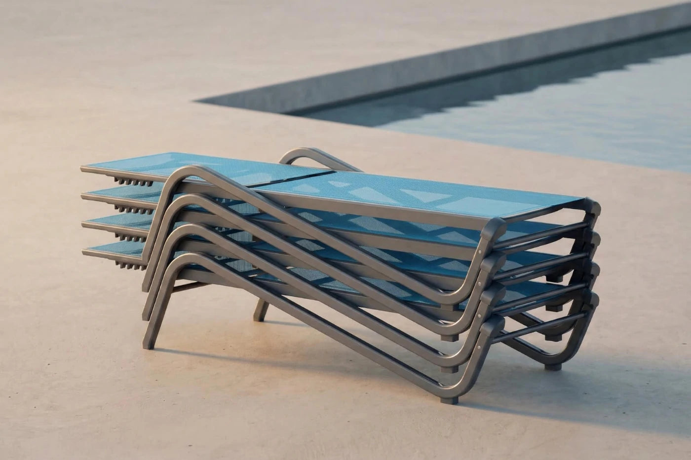 Stack of blue lounge chairs with metal frames near a pool