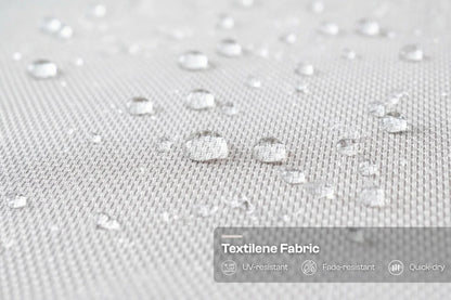 Textile fabric with water droplets and 'Textilene Fabric' label on a gray background