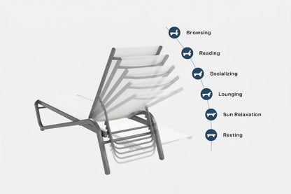 Modern chair with icons and text indicating various activities on a white background