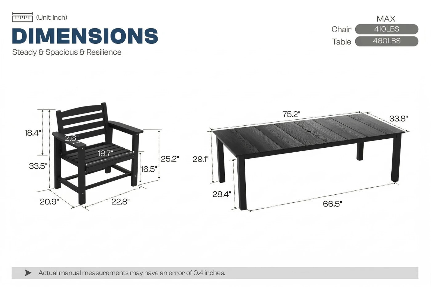 Dimensions of a chair and table set with measurements on a white background