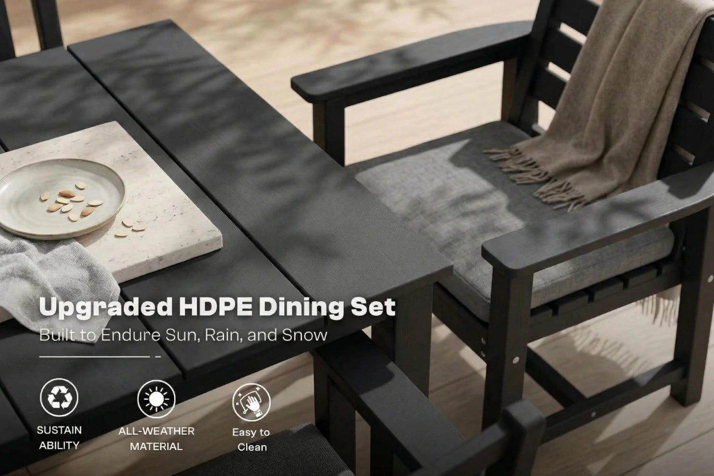 Outdoor dining set with table and chairs on a wooden floor, featuring text about HDPE material.