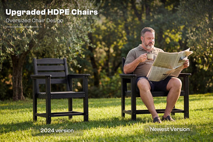 Man sitting on an upgraded HDPE chair reading a newspaper in a park, with another chair beside him.