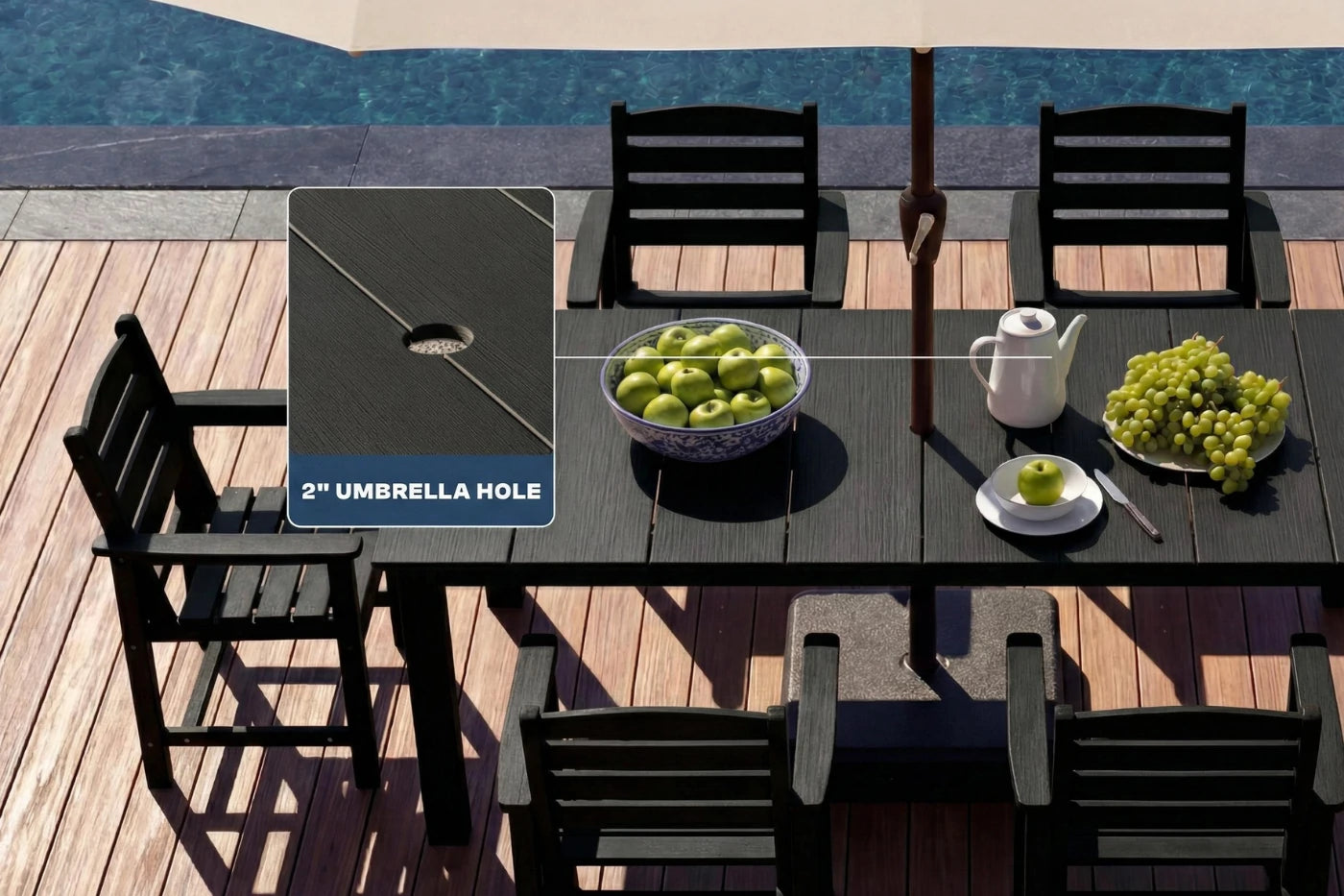 Outdoor dining set with table, chairs, and umbrella hole on a wooden deck by a pool.