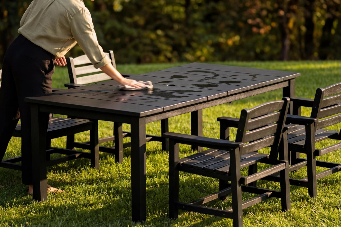Person playing a board game on an outdoor table with chairs in a park setting