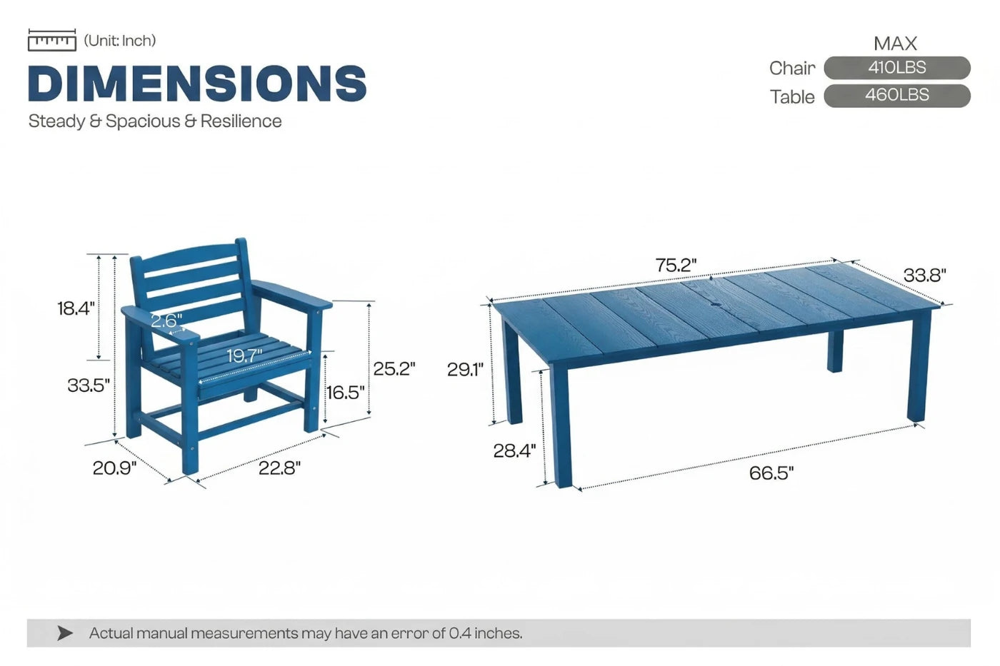 Dimensions of a blue outdoor chair and table set on a white background