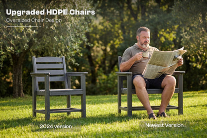 Man sitting on an upgraded HDPE chair reading a newspaper in a garden setting.