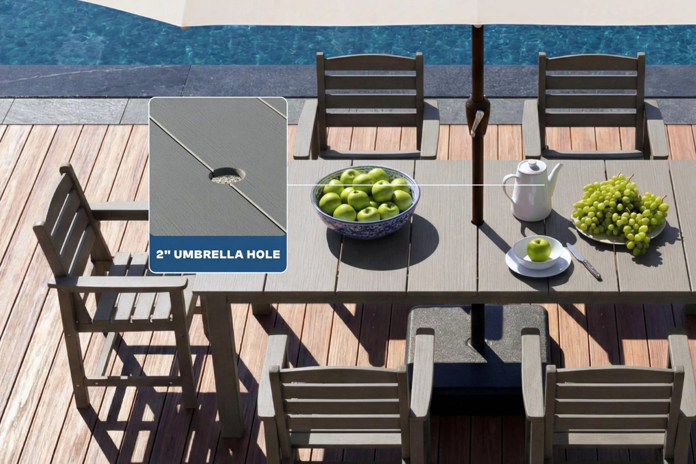 Outdoor dining table set with chairs on a deck by a pool, featuring an umbrella hole.