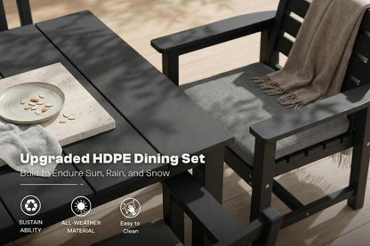 Outdoor dining set with table and chairs on a wooden floor, featuring text about HDPE material.