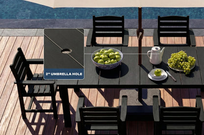 Outdoor dining set with table, chairs, and umbrella hole on a wooden deck by a pool.