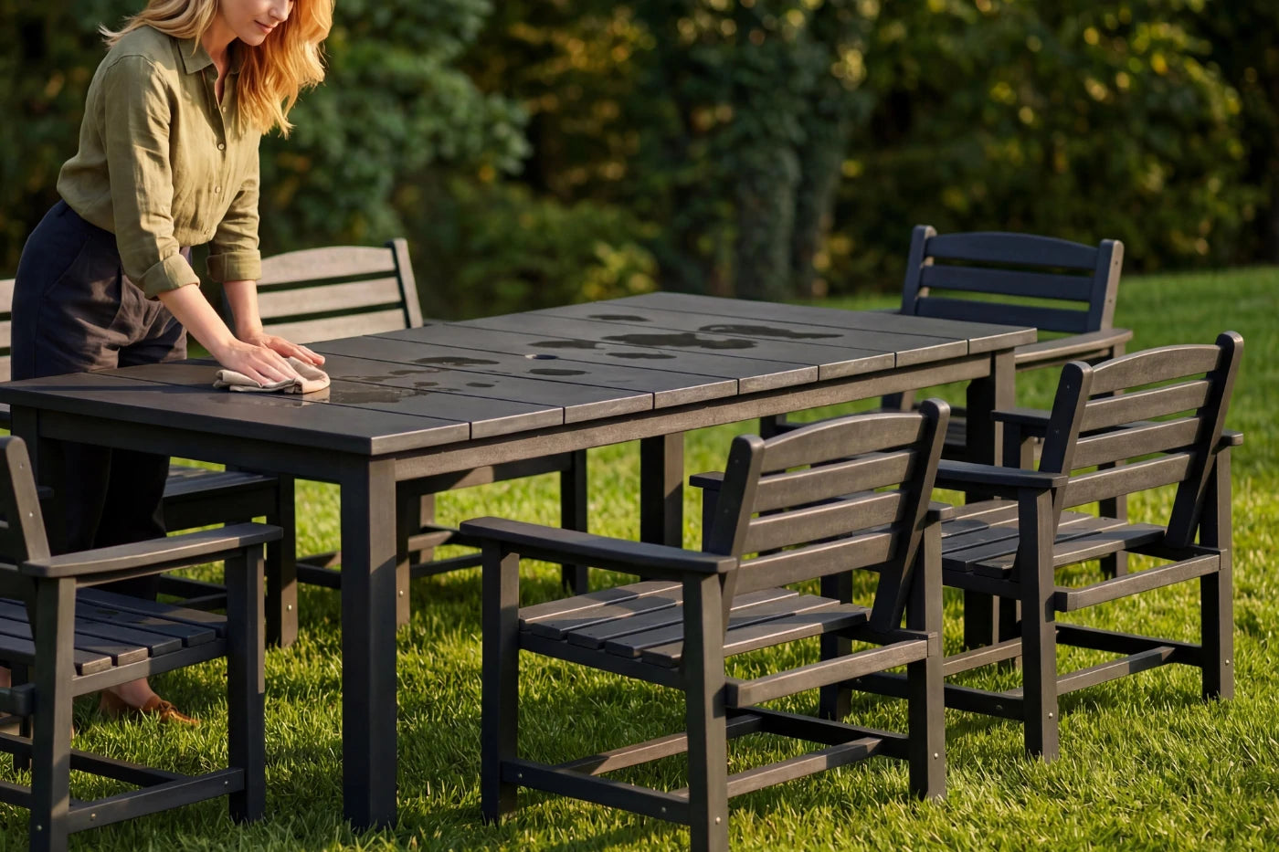 Outdoor patio set with table and chairs on grass