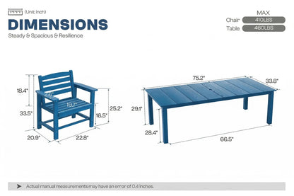 Dimensions of a blue outdoor chair and table set on a white background