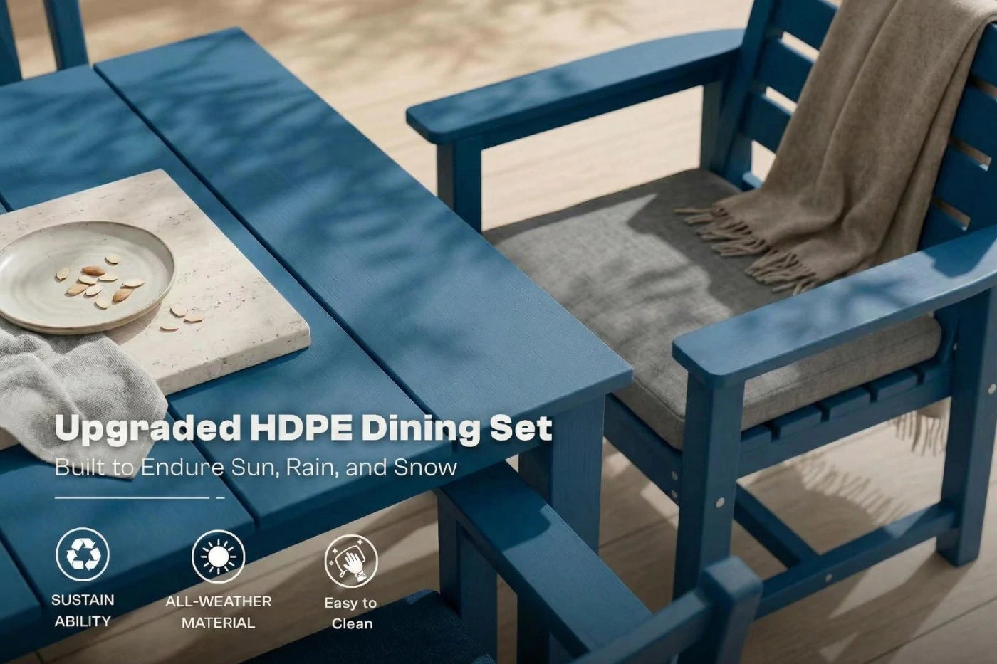 Blue outdoor dining set with table and chairs, featuring text about HDPE material.