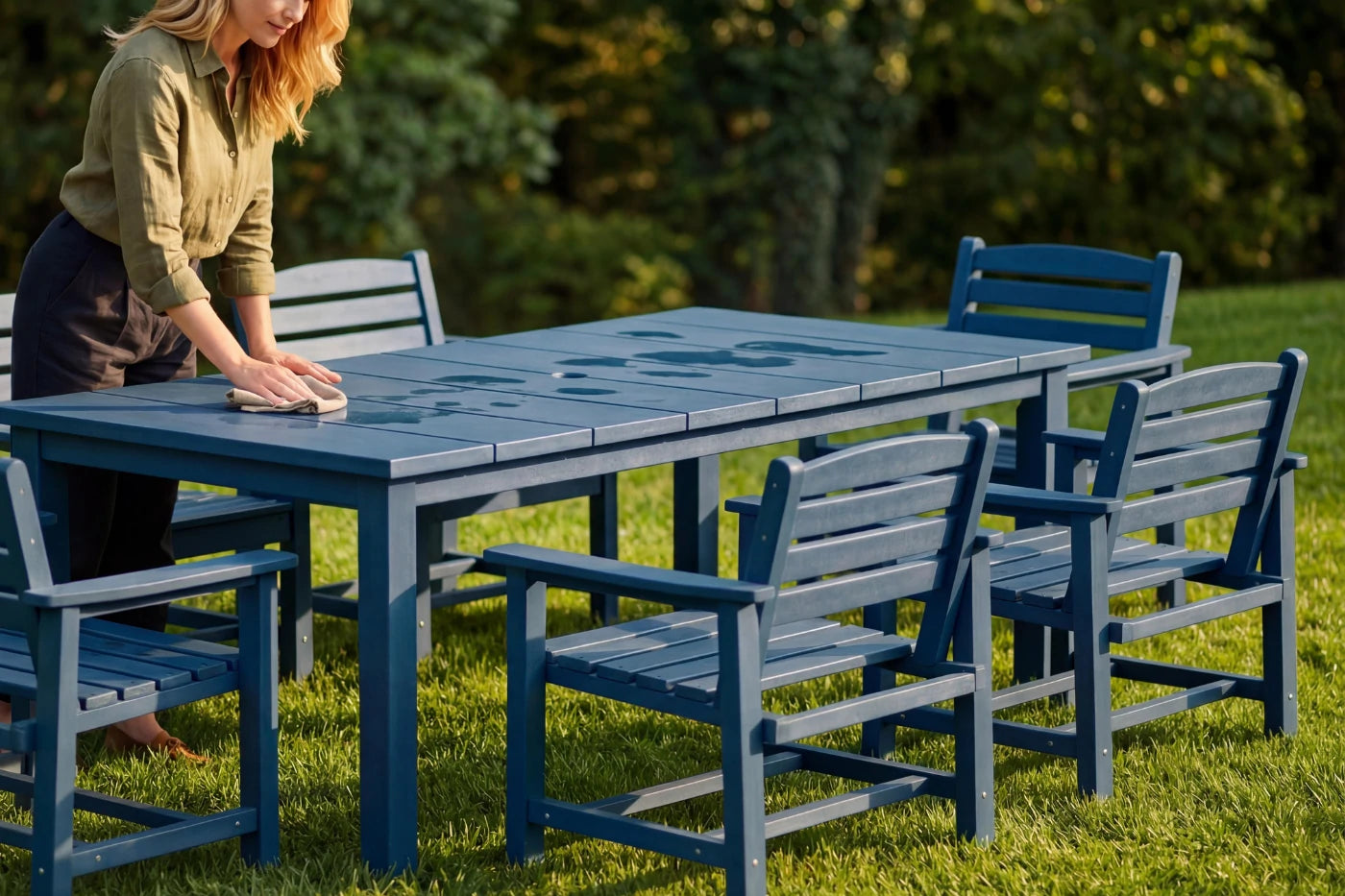 Blue outdoor table and chairs set on grass with a person interacting with the table.