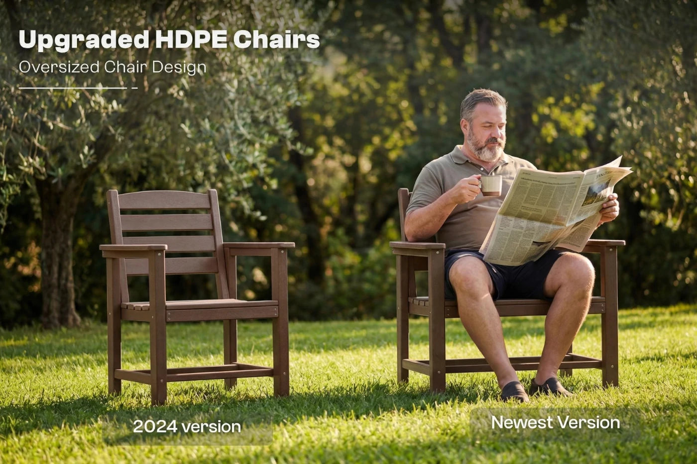 Man sitting on an upgraded HDPE chair reading a newspaper with another chair next to him.