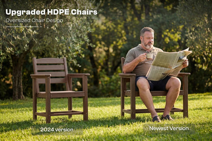Man sitting on an upgraded HDPE chair reading a newspaper with another chair next to him.