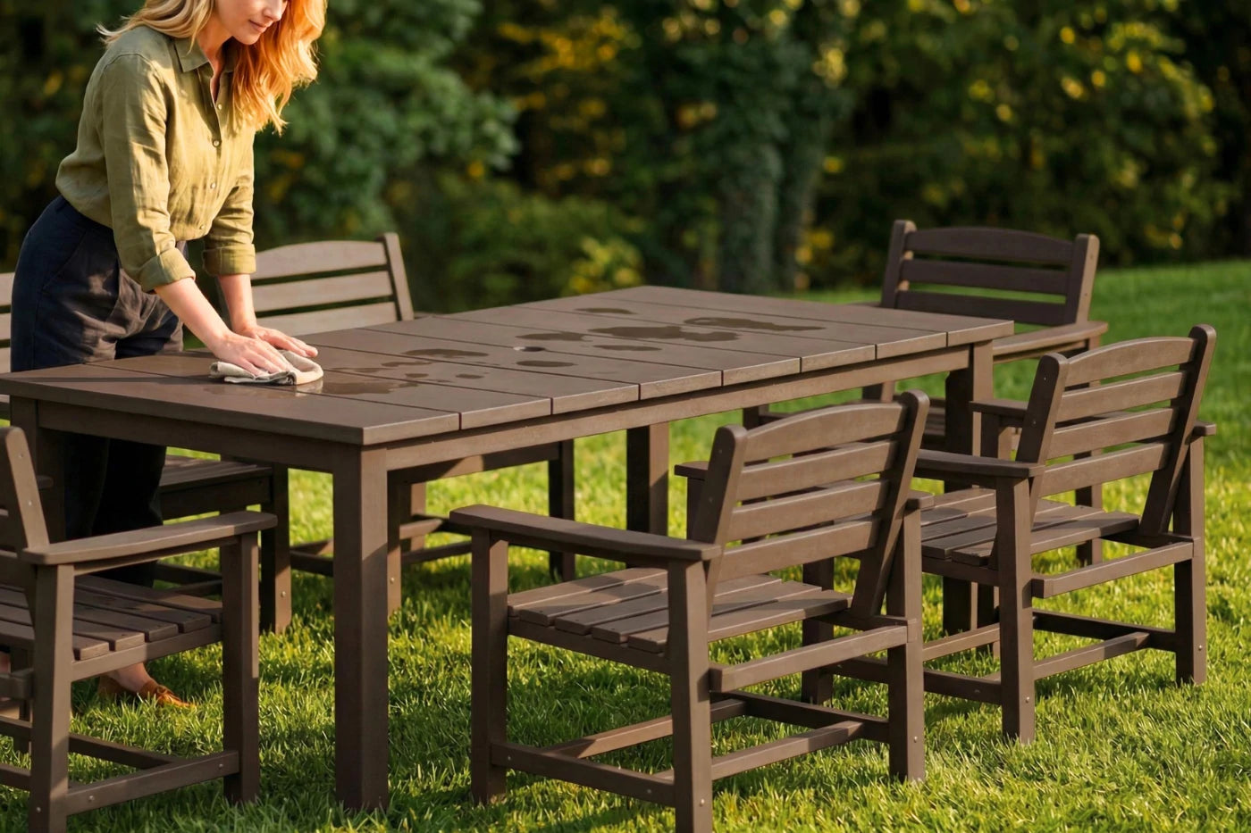 Person cleaning an outdoor HDPE table and chairs set on a grassy area.