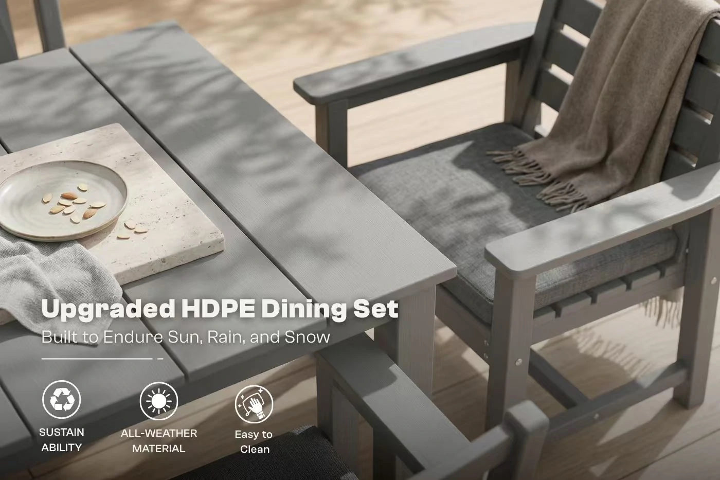 Outdoor dining set with table and chairs on a patio, featuring text about HDPE material.