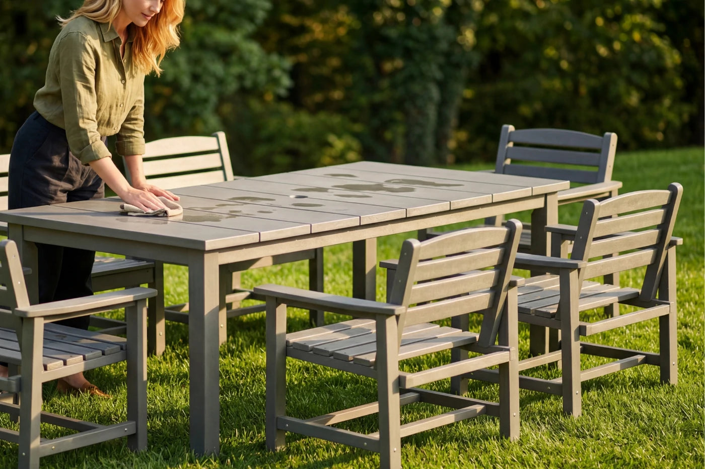 Person setting up a HDPE outdoor table and chairs on grass