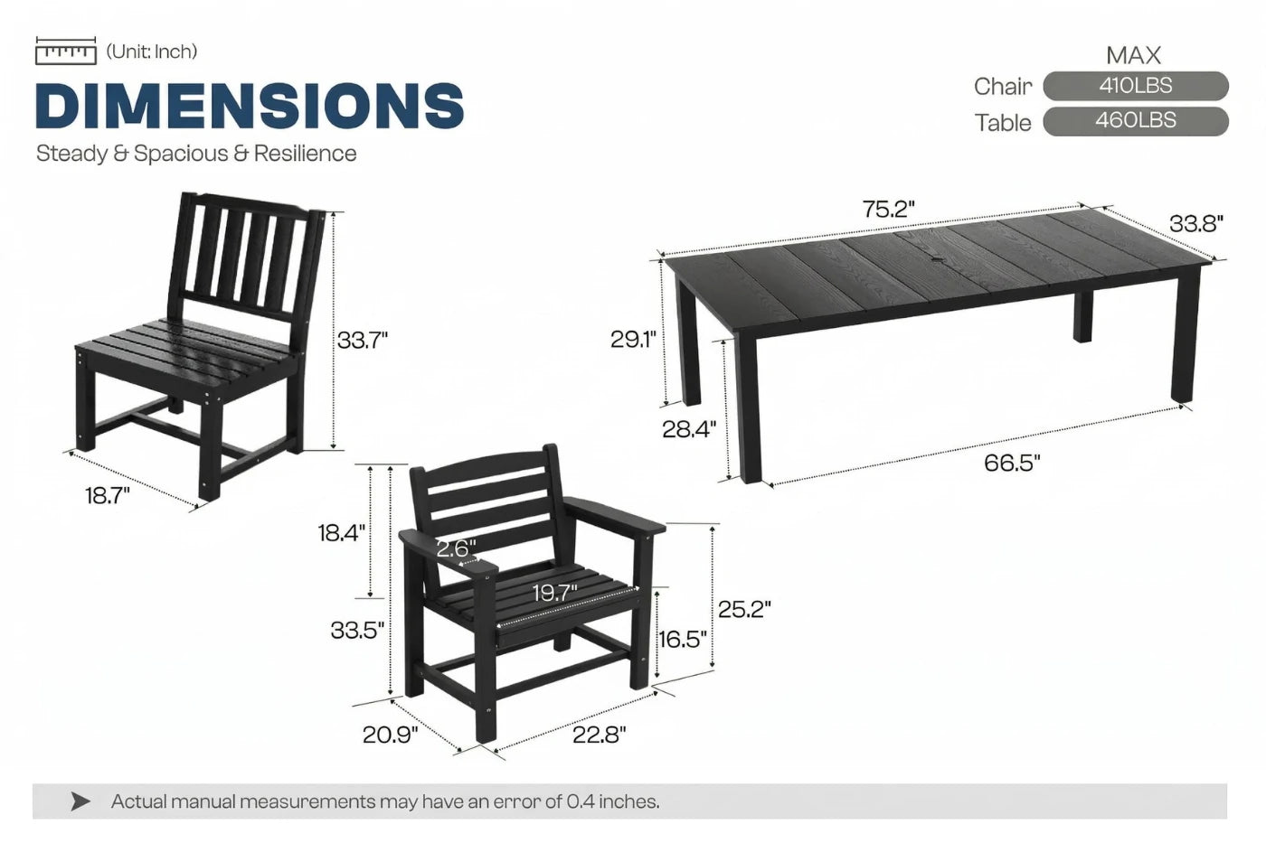 Dimensions of outdoor furniture set with table and chairs shown.
