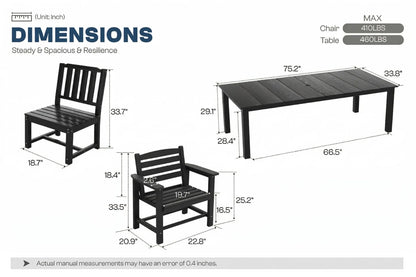 Dimensions of outdoor furniture set with table and chairs shown.