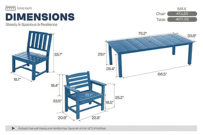 Dimensions of a blue outdoor table and chairs with measurements on a white background.