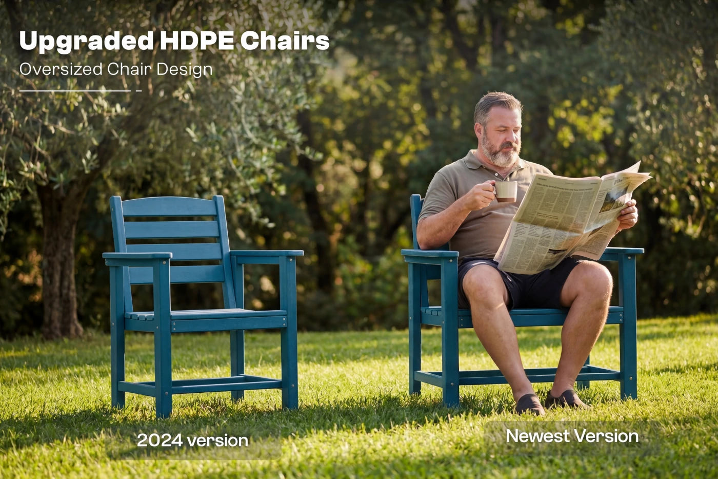 Man sitting on a blue chair reading a newspaper with another blue chair next to him in a garden setting.