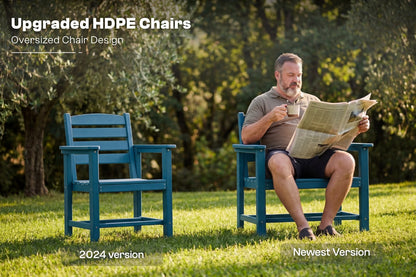 Man sitting on a blue chair reading a newspaper with another blue chair next to him in a garden setting.