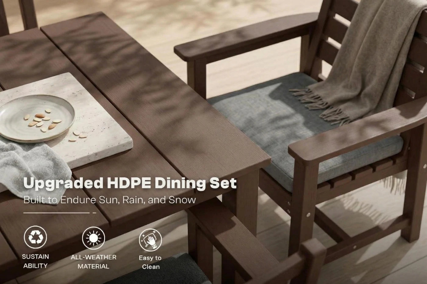 HDPE dining set with table and chairs on a patio, featuring text about HDPE material.