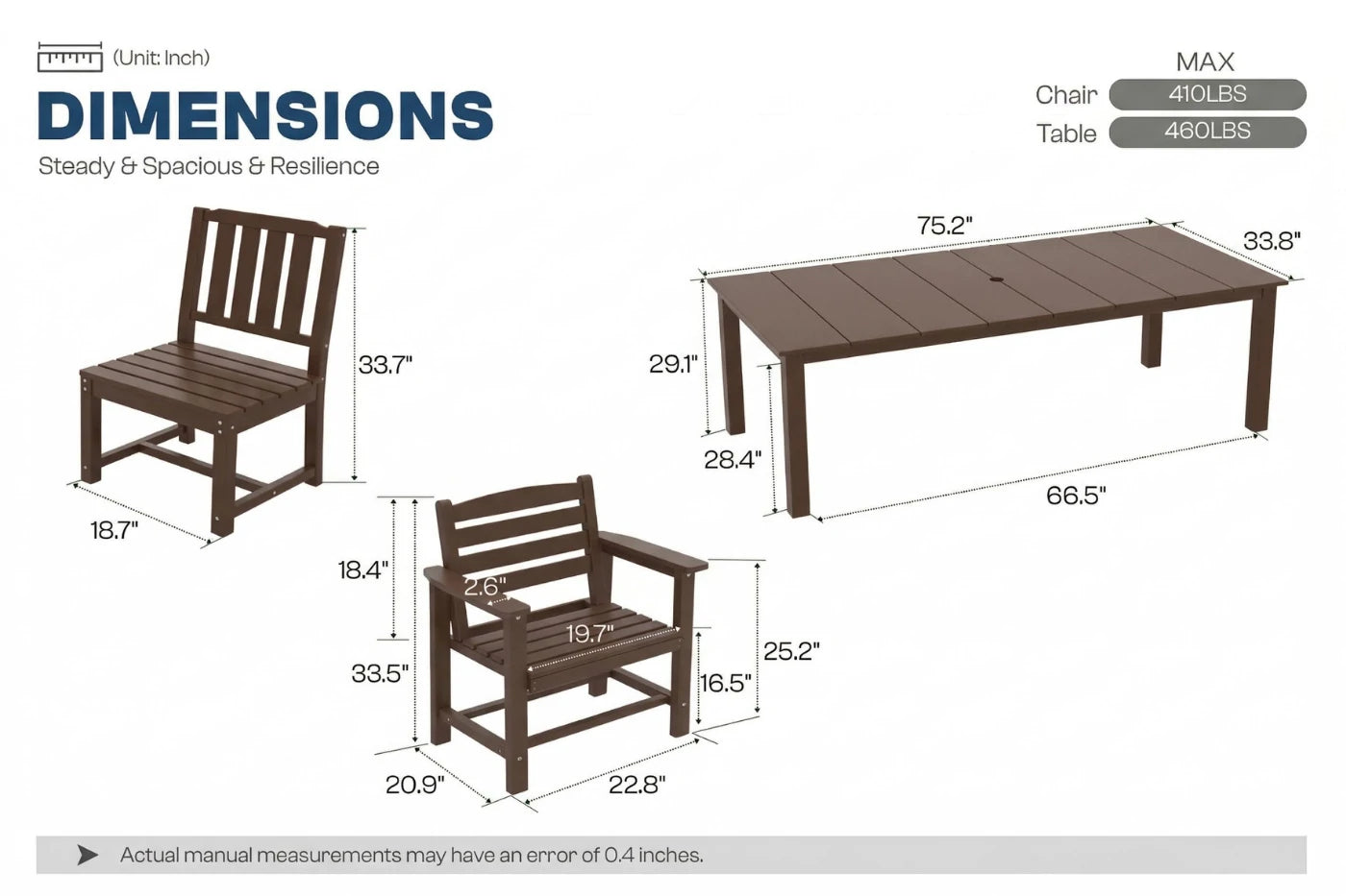 Dimensions of outdoor furniture set with table and chairs shown.