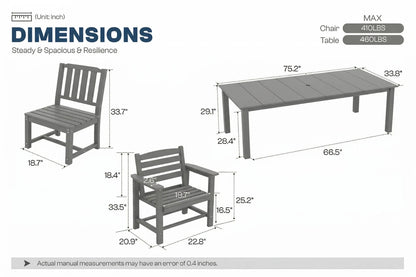 Dimensions of outdoor furniture set with table and chairs shown.