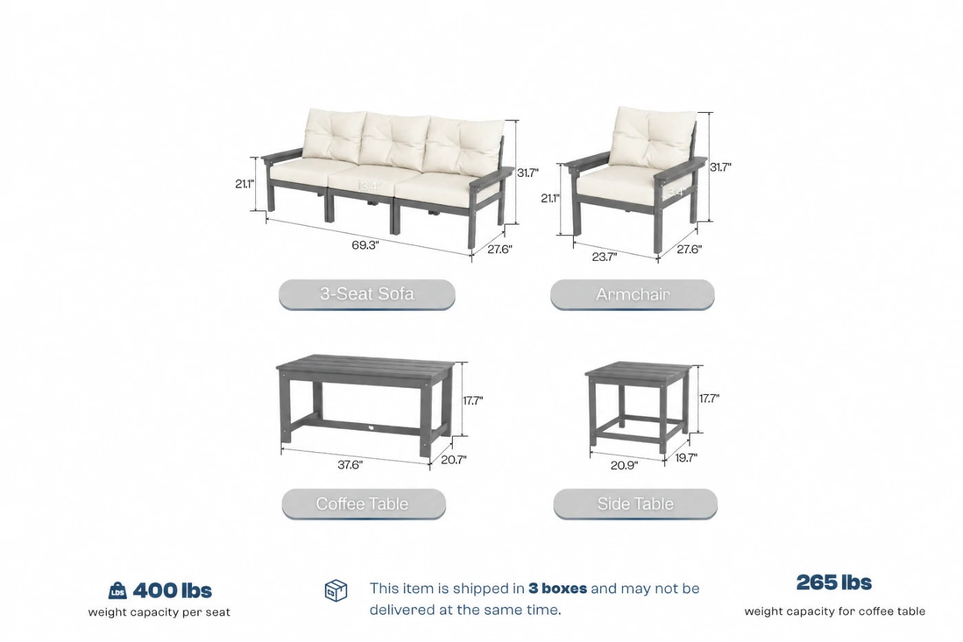 Outdoor furniture set with dimensions and weight capacity displayed on a white background