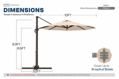 A dimension diagram for a patio umbrella, showing measurements of 10 feet canopy width, 8.3 feet pole height.