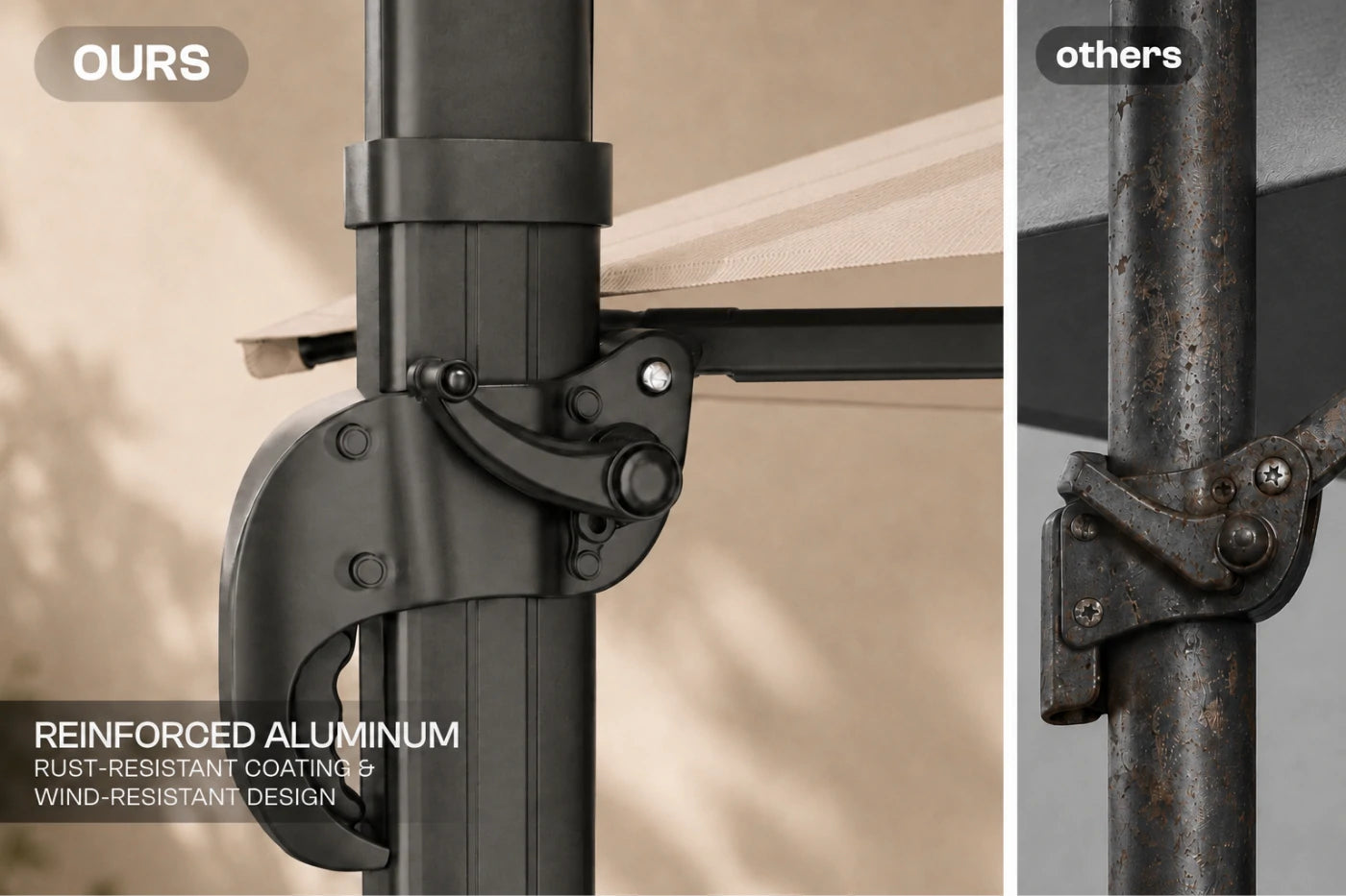 Close-up comparison of an aluminum patio umbrella pole clamp labeled 'OURS' on the left and a rusted metal clamp labeled 'others' on the right, with text noting reinforced aluminum and rust-resistant coating.