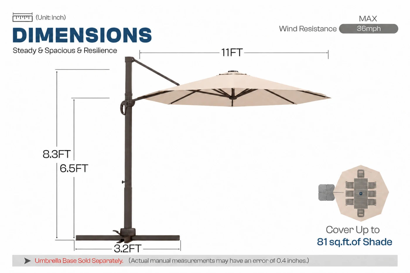 A dimension diagram of a beige cantilever patio umbrella with a dark metal base and pole, showing measurements of 11ft width, 8.3ft height.