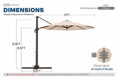 A dimension diagram of a beige cantilever patio umbrella with a dark metal base and pole, showing measurements of 11ft width, 8.3ft height.