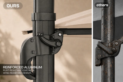Close-up comparison of an aluminum patio umbrella pole clamp labeled 'OURS' on the left and a rusted metal clamp labeled 'others' on the right, with text noting reinforced aluminum and rust-resistant coating.
