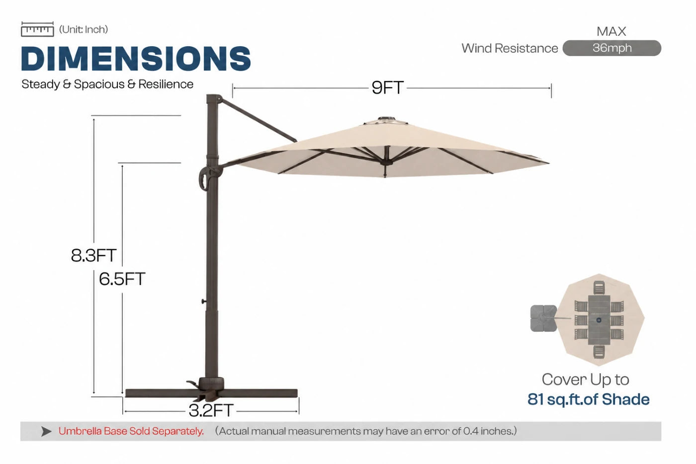 A dimension diagram of a patio umbrella with a beige canopy and dark metal frame, showing measurements for height, width, and base size on a white background.