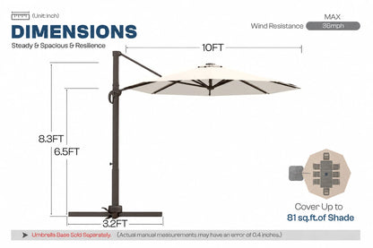 Dimension diagram of a patio umbrella with measurements for height, base width, and shade coverage, plus a small inset showing the umbrella base separately.