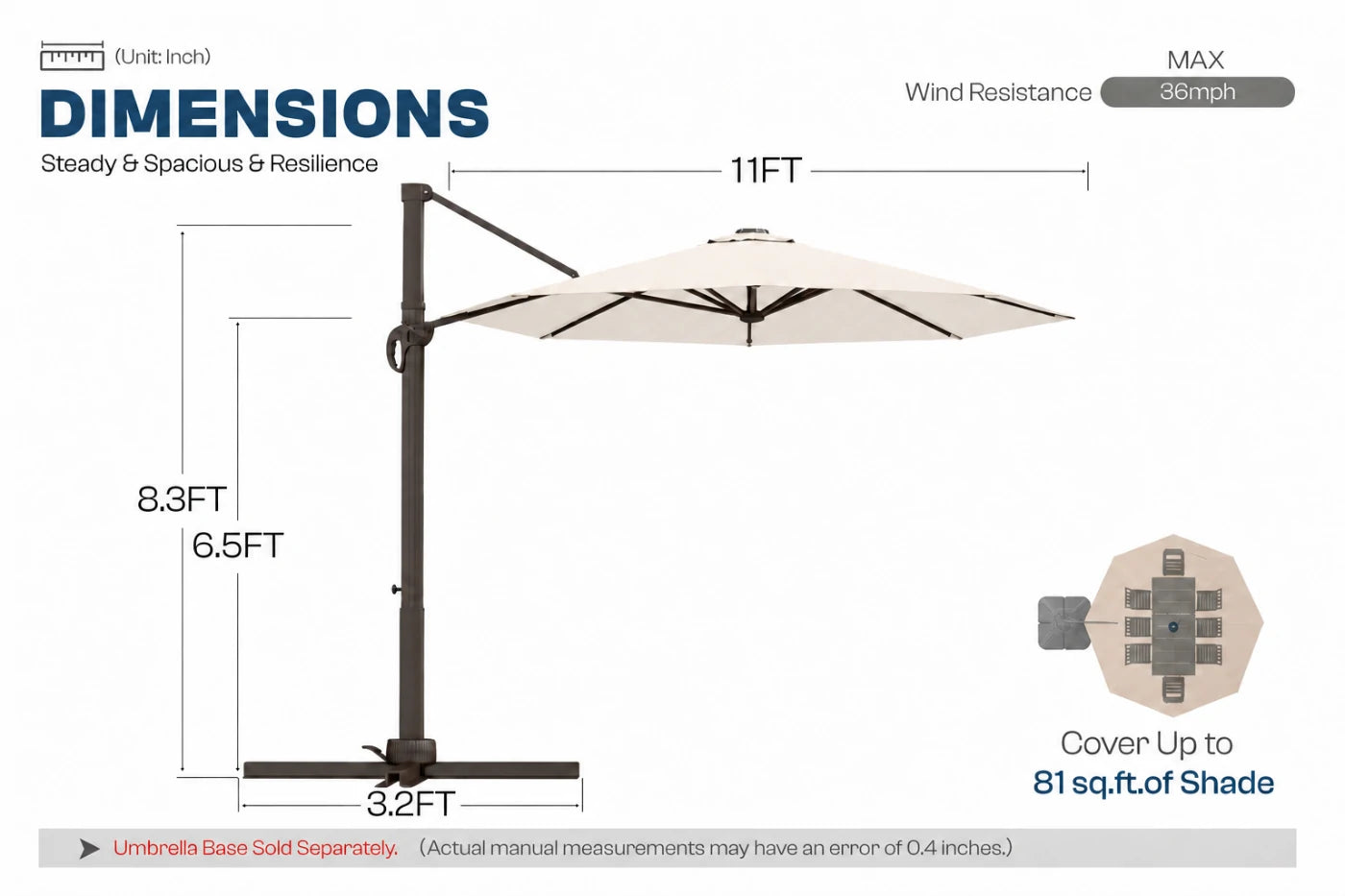 A dimension diagram of a patio umbrella with a creamy white canopy and metal frame, showing measurements of 11 feet wide canopy, 8.3 feet height.