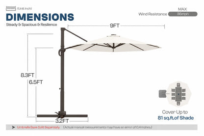 A dimension diagram of a cantilever patio umbrella with a white canopy and dark metal frame, showing measurements of 9FT width.