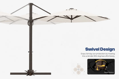A cantilever-style patio umbrella with a dark metal pole and base, shown partially open on a light gray background. The canopy is creamy white, and the image includes marketing text reading 'Swivel Design' with a small inset showing the rotation mechanism.