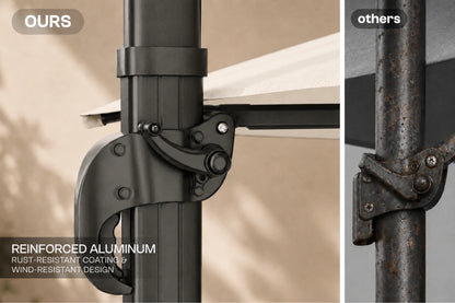 Close-up product comparison showing a black reinforced aluminum patio umbrella pole clamp on the left and a rusted metal alternative clamp on the right, with text labels 'OURS' and 'others' and 'REINFORCED ALUMINUM RUST-RESISTANT COATING & WIND-RESISTANT DESIGN'.