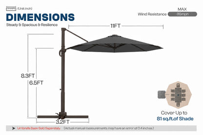 A dimension diagram of a patio umbrella with a dark gray canopy and metal frame, showing measurements of 11 feet wide canopy, 8.3 feet height.