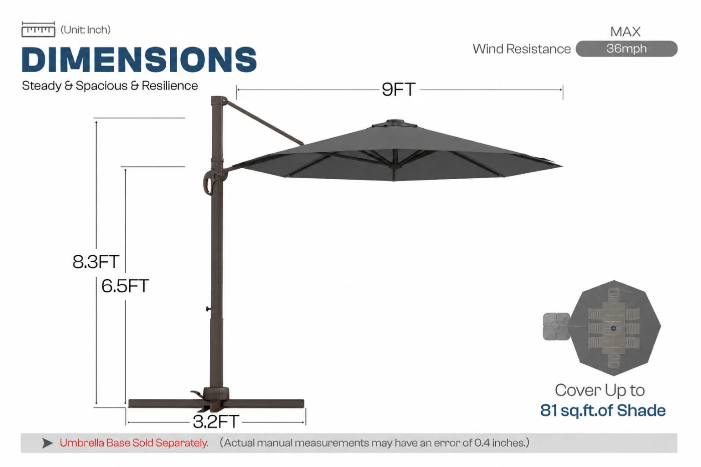 A dimension diagram of a dark gray cantilever patio umbrella with a dark metal pole and base, showing measurements of 9 feet width and 8.3 feet height.