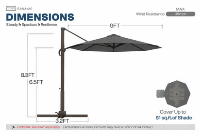 A dimension diagram of a dark gray cantilever patio umbrella with a dark metal pole and base, showing measurements of 9 feet width and 8.3 feet height.