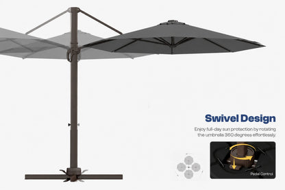 A dark gray cantilever patio umbrella with a dark metal pole and base, shown on a light gray background with text reading 'Swivel Design' and a small inset demonstrating rotation.
